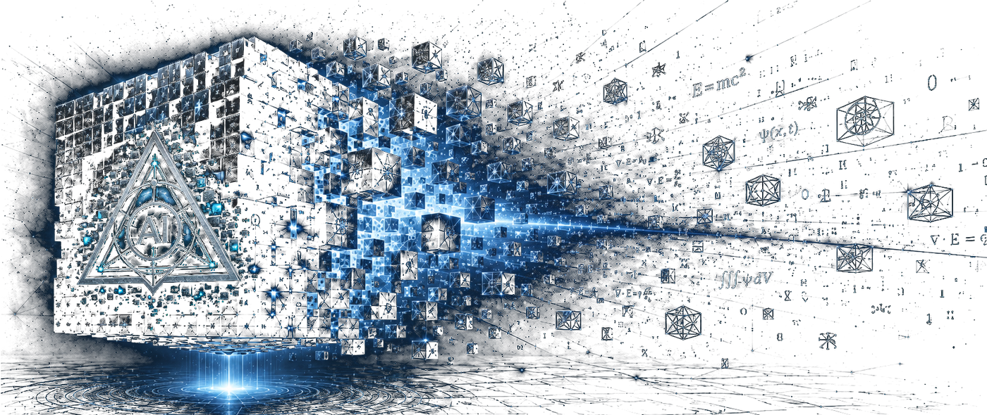 A cube dissolving into a field of data and equations